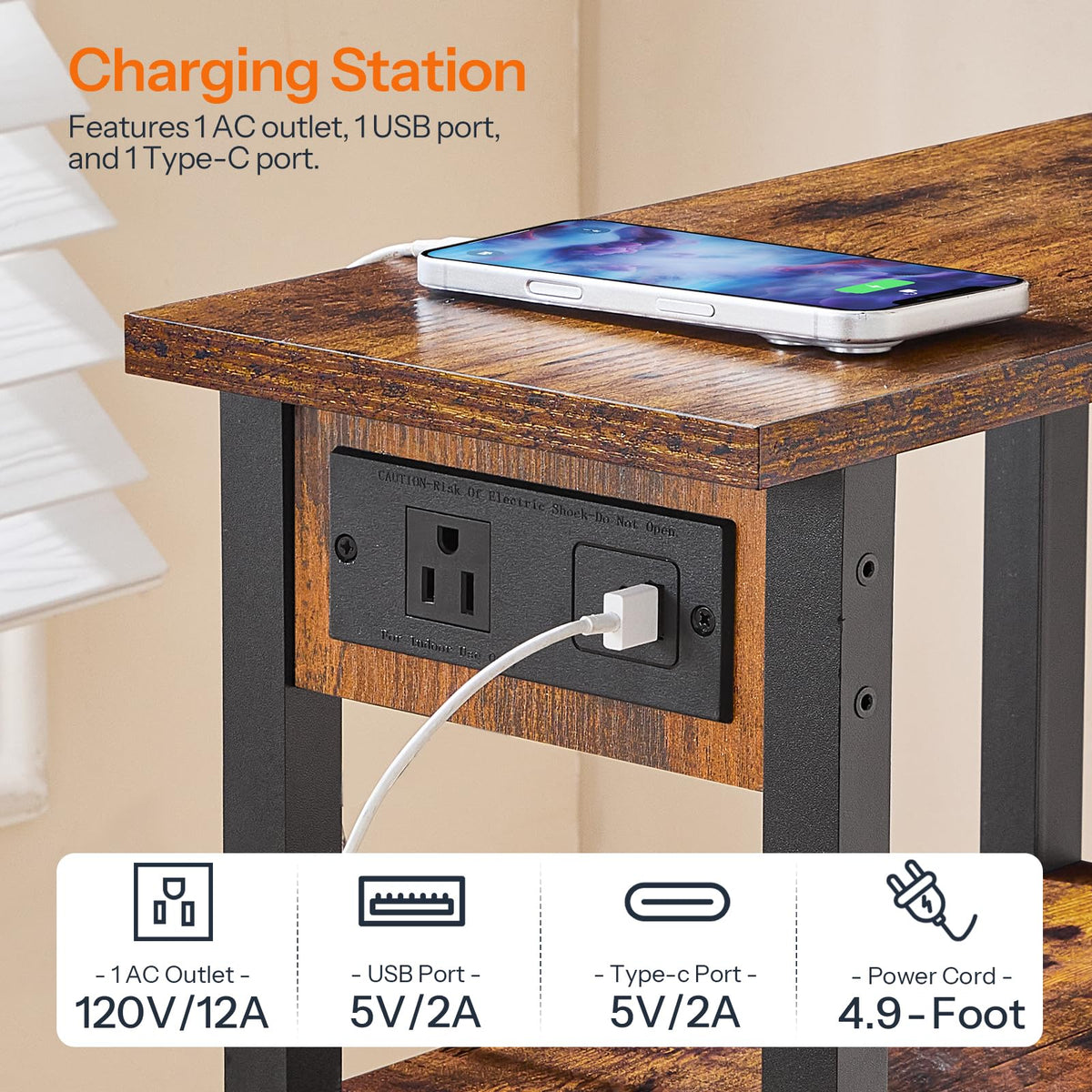 Narrow 3-Tier Side Table with Charging Station X288270