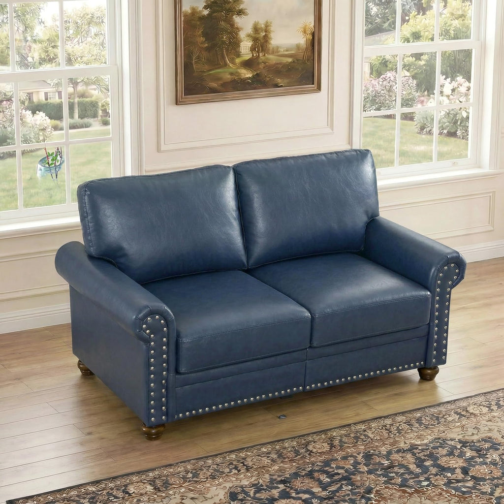 Navy Blue Faux Leather 2 Seater Sofa with Nailhead Trim G54167