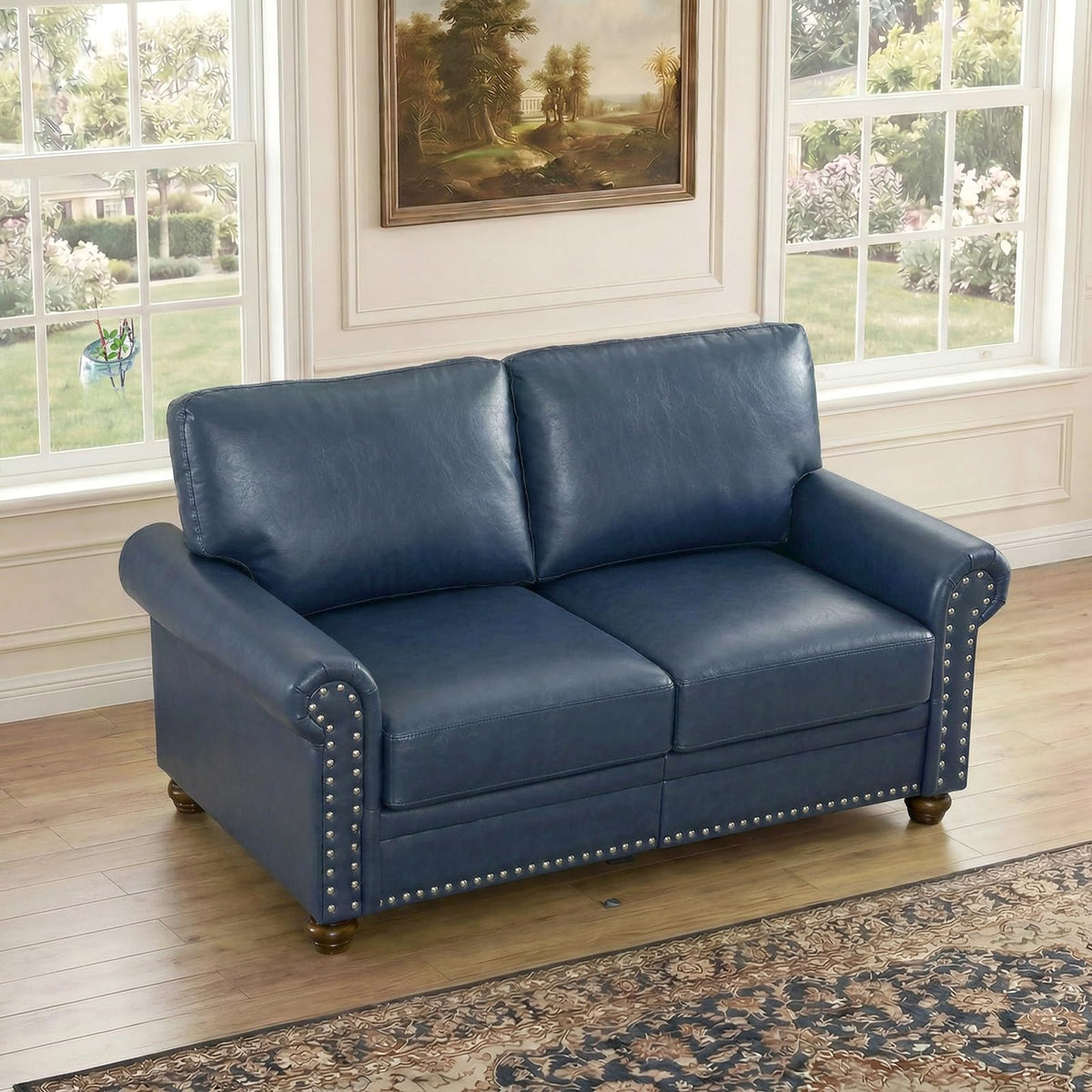 Navy Blue Faux Leather 2 Seater Sofa with Nailhead Trim G54167