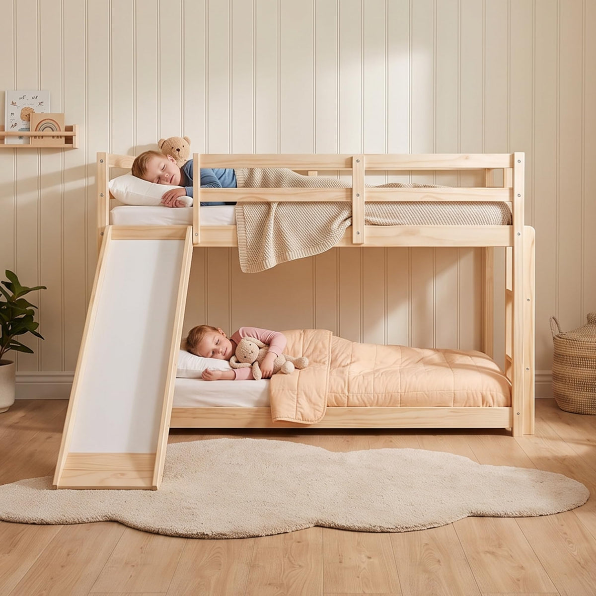 Twin Over Twin Solid Wood Bunk Bed with Slide and Ladder I79467