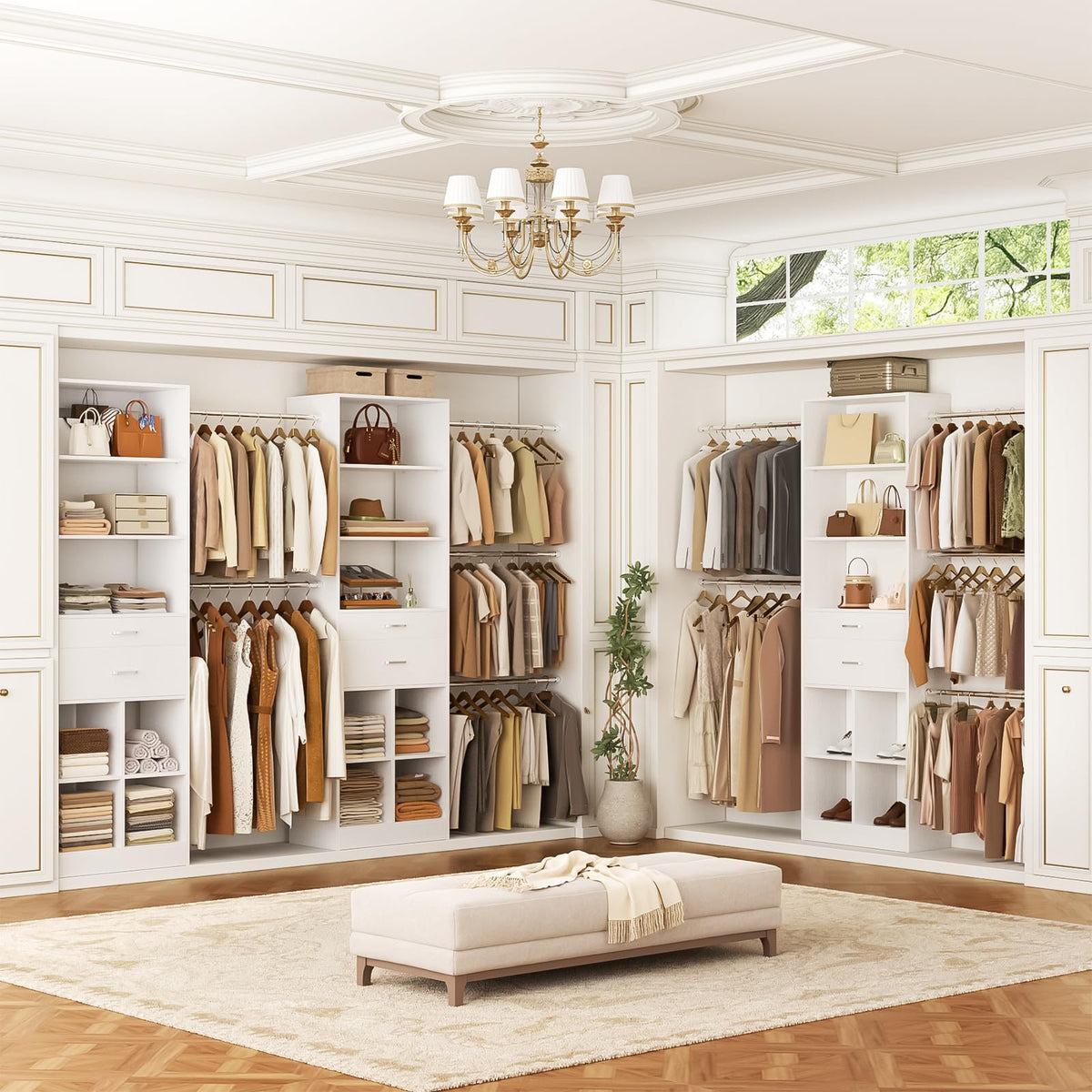 4-8 FT White Closet Organizer with 2 Drawers and 5 Hanging Rods C950486