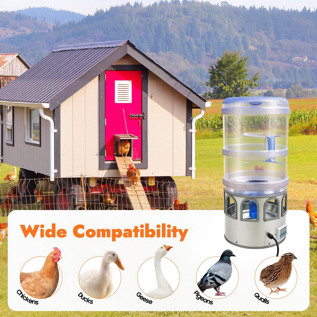80W Heated Poultry Chicken Waterer 5 Gallon L569