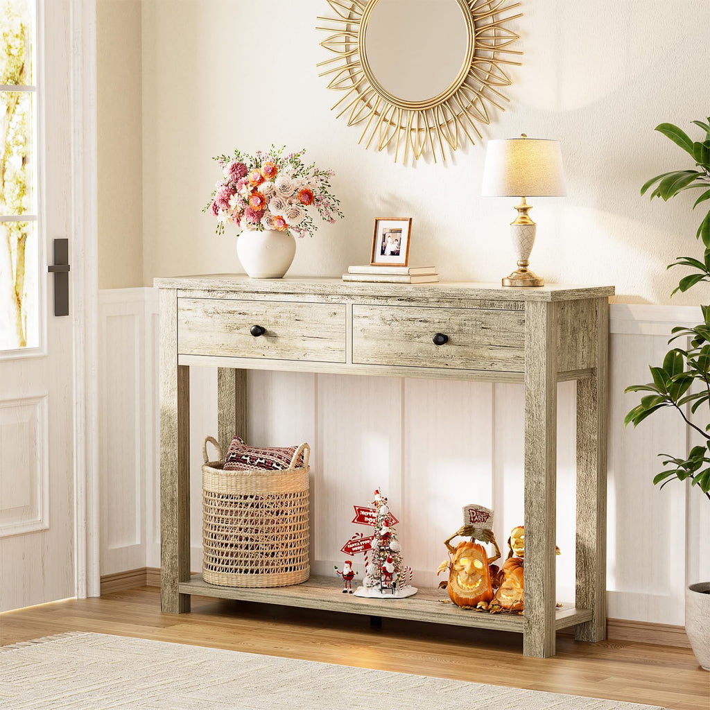 32 Inch Light Rustic Oak Console Table with 2 Drawers Q939