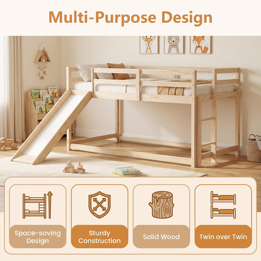 Twin Over Twin Solid Wood Bunk Bed with Slide and Ladder I79467