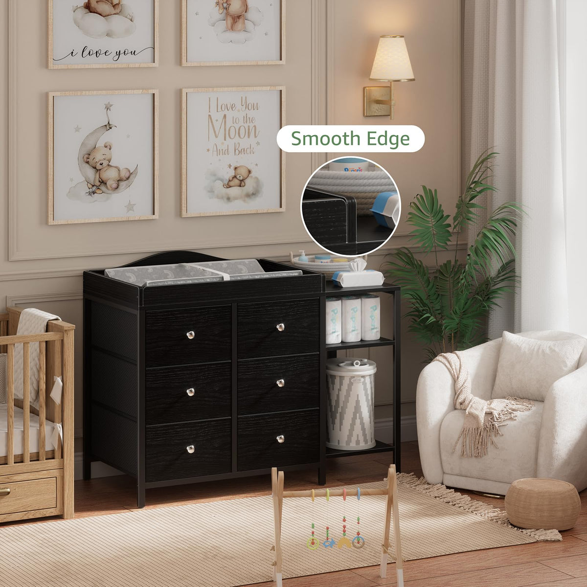 Black 6 Drawer Baby Dresser with Changing Table Top L624