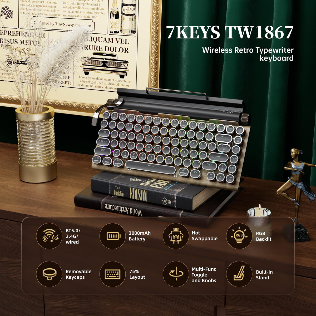 Wireless Retro Mechanical Keyboard with Wrist Rest S741