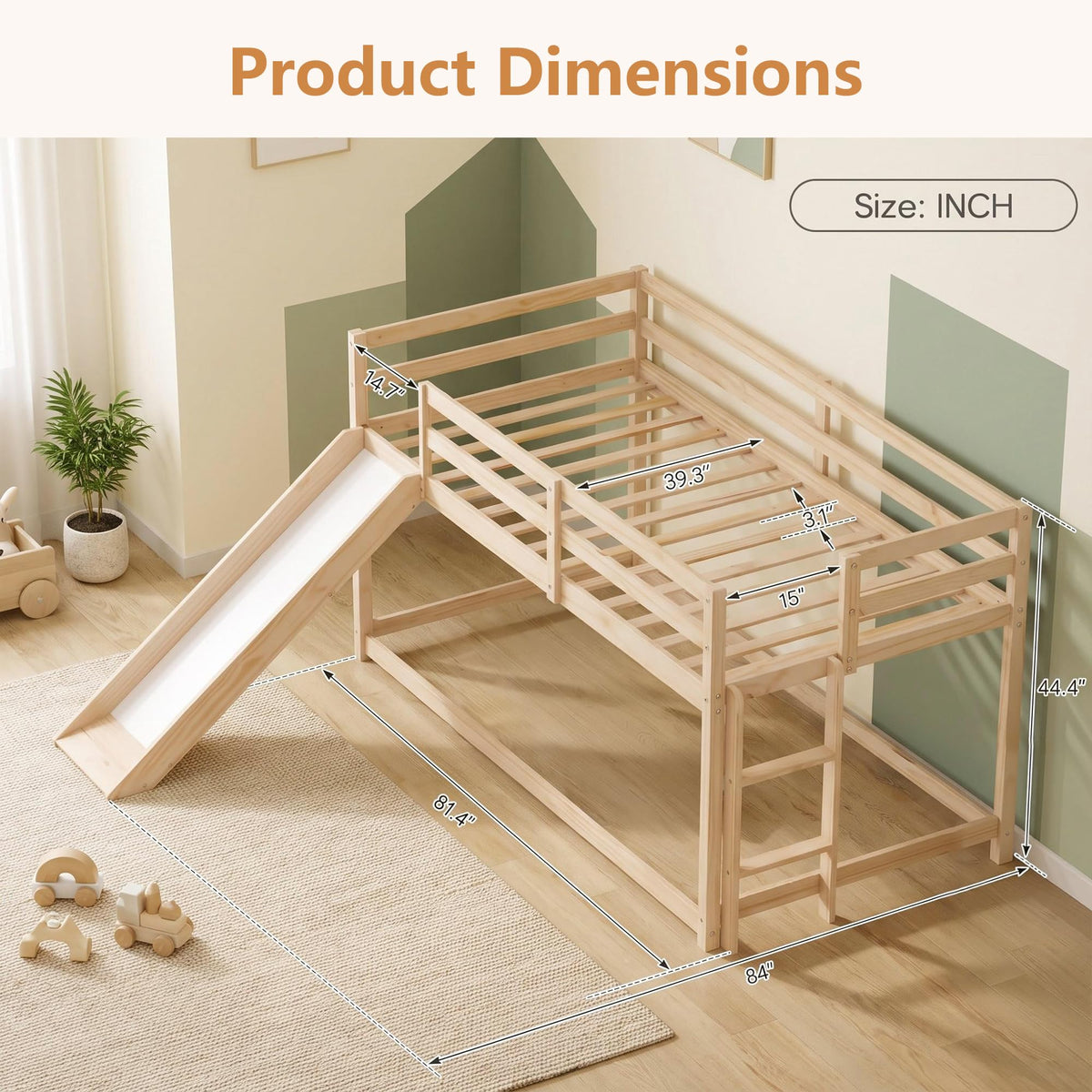 Twin Over Twin Solid Wood Bunk Bed with Slide and Ladder I79467