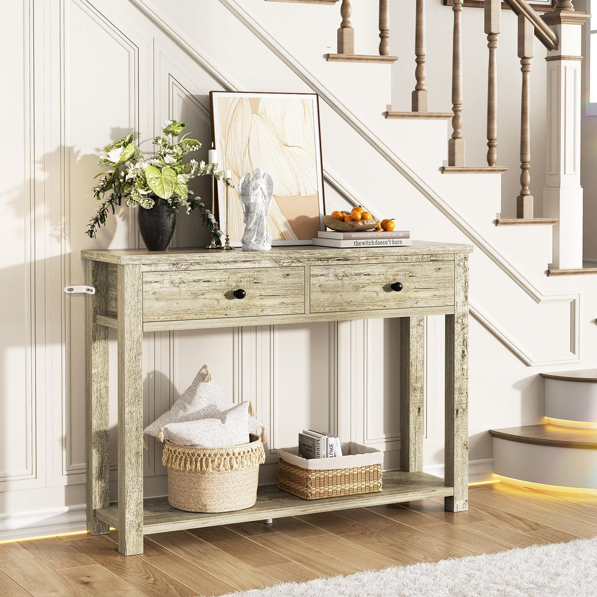 32 Inch Light Rustic Oak Console Table with 2 Drawers Q939
