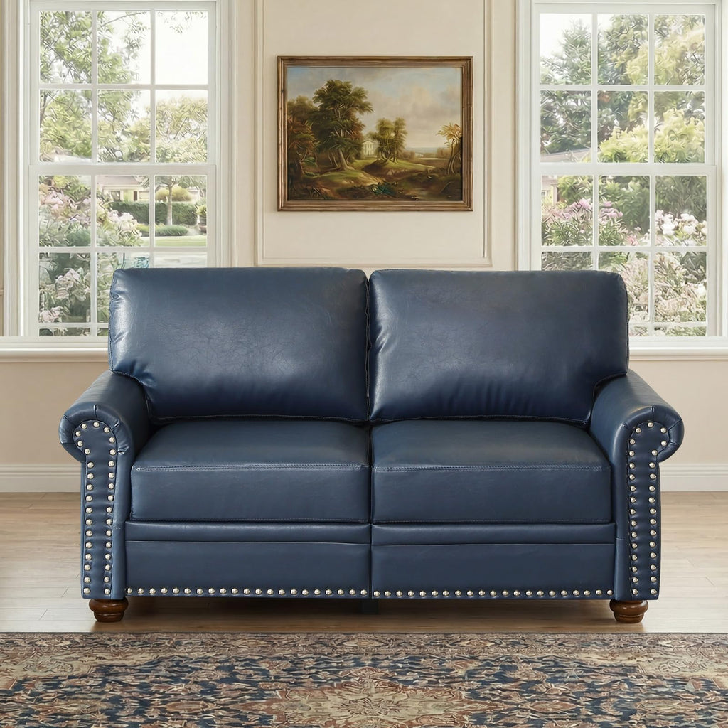 Navy Blue Faux Leather 2 Seater Sofa with Nailhead Trim G54167