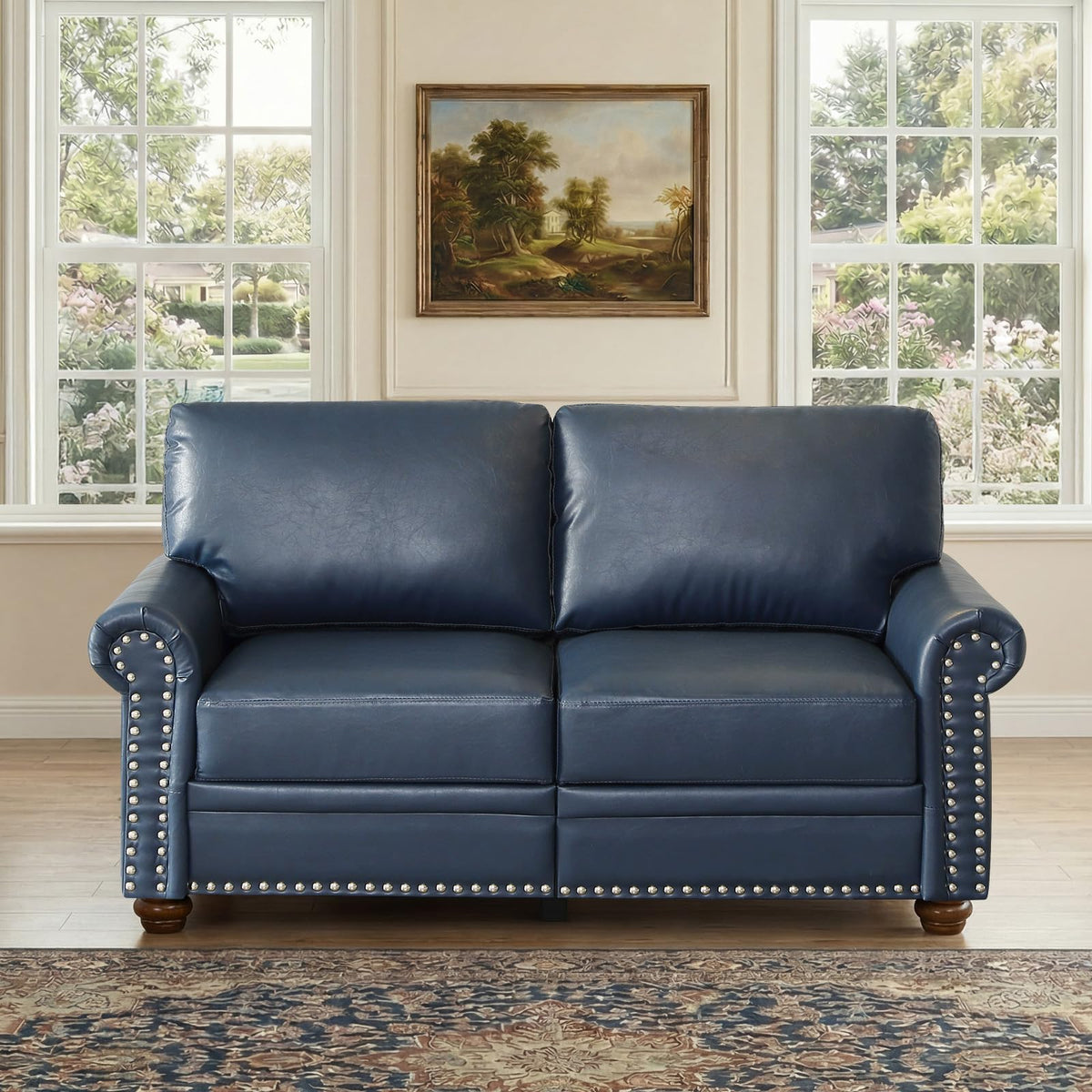 Navy Blue Faux Leather 2 Seater Sofa with Nailhead Trim G54167