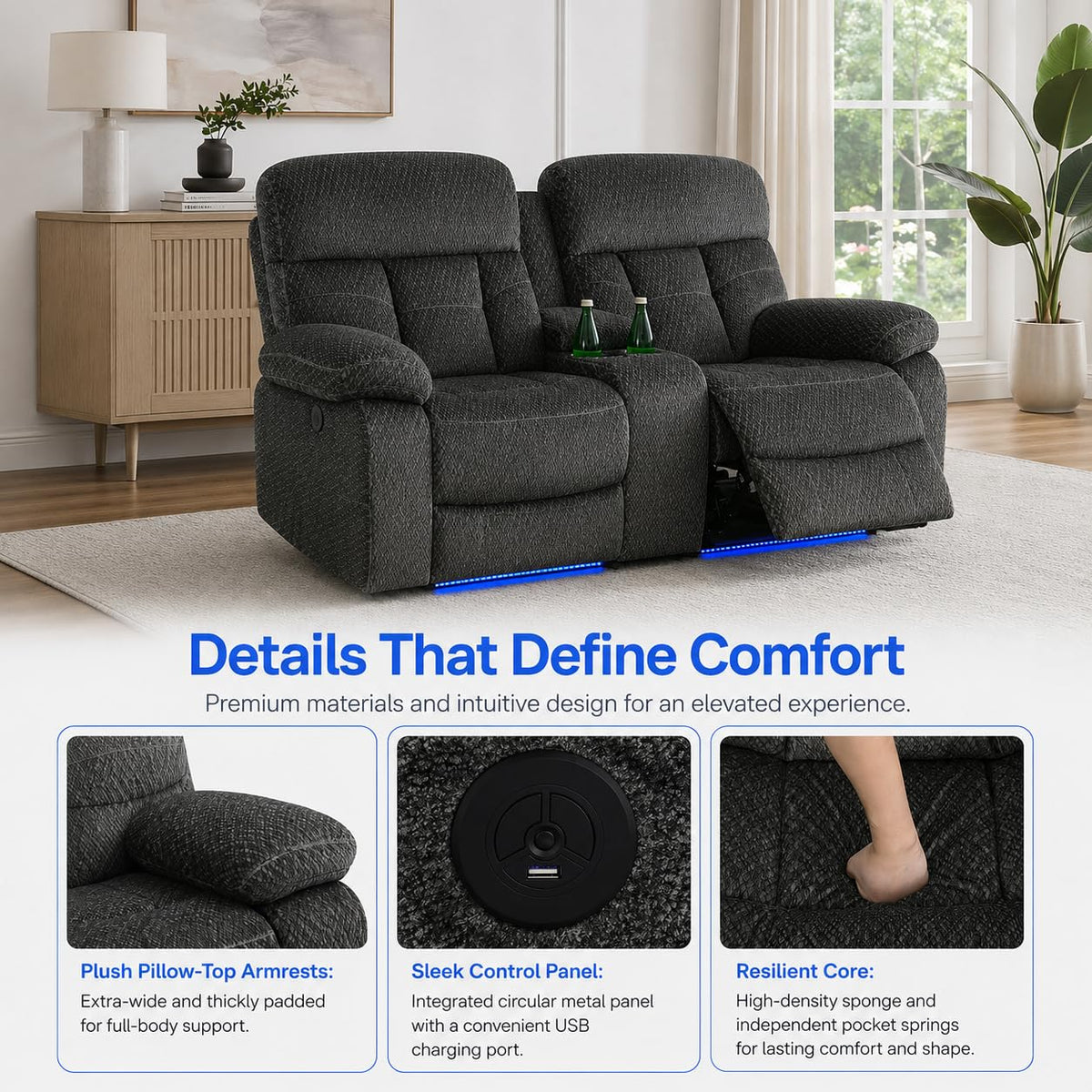 Gray Wool 3 Piece Power Reclining Sofa Set with USB Ports and LED Lights S3277
