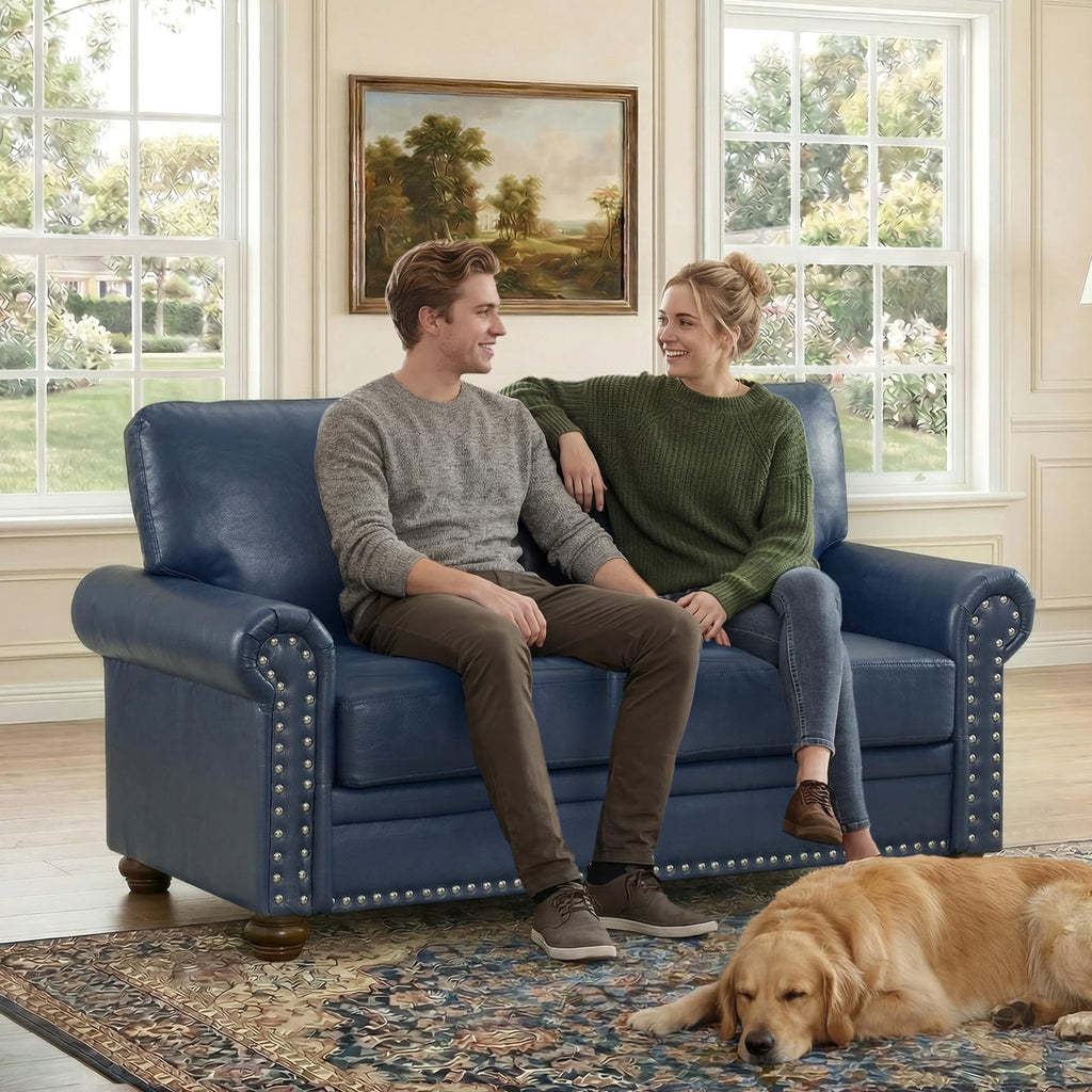 Navy Blue Faux Leather 2 Seater Sofa with Nailhead Trim G54167
