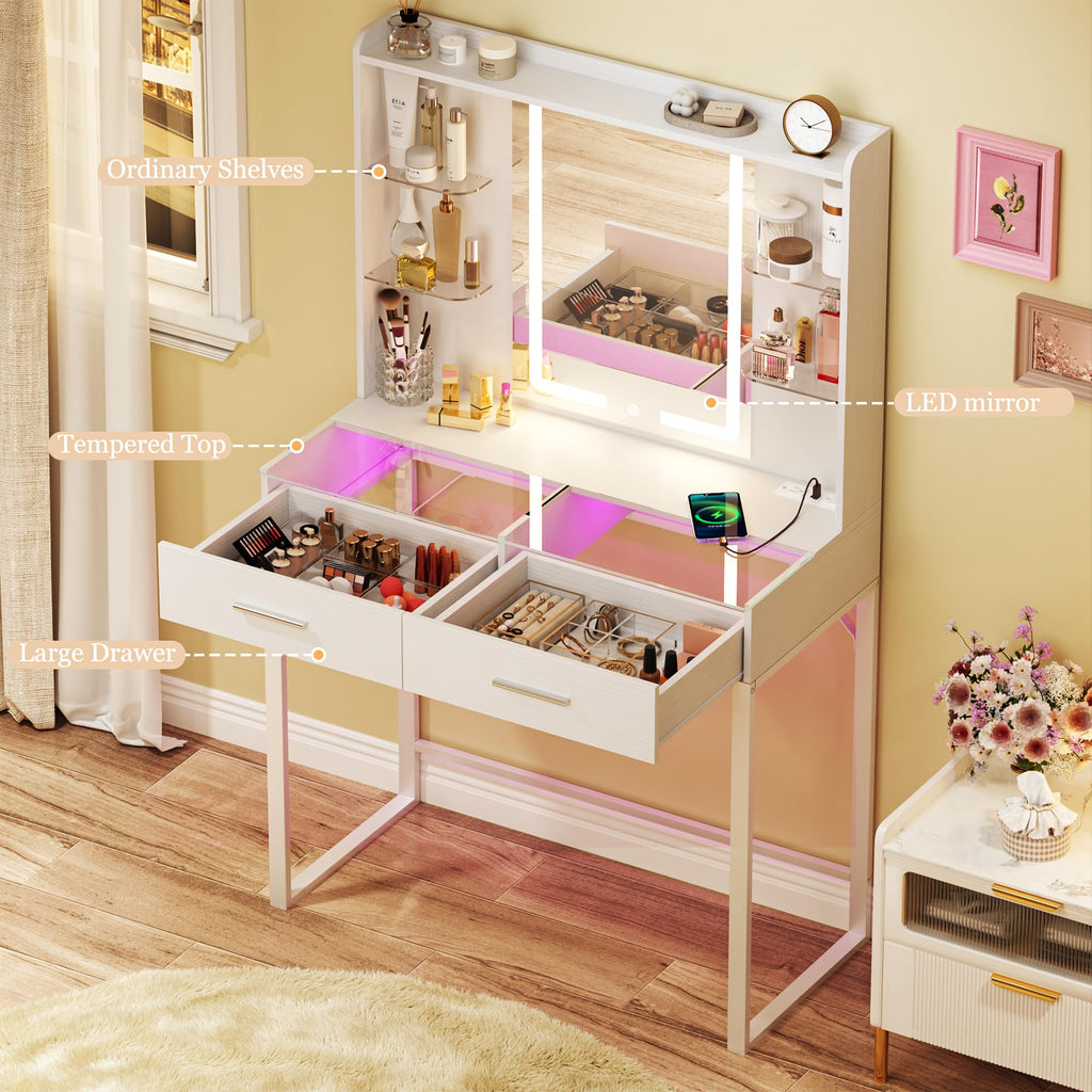 White Vanity Desk with Mirror and LED Lights S492919