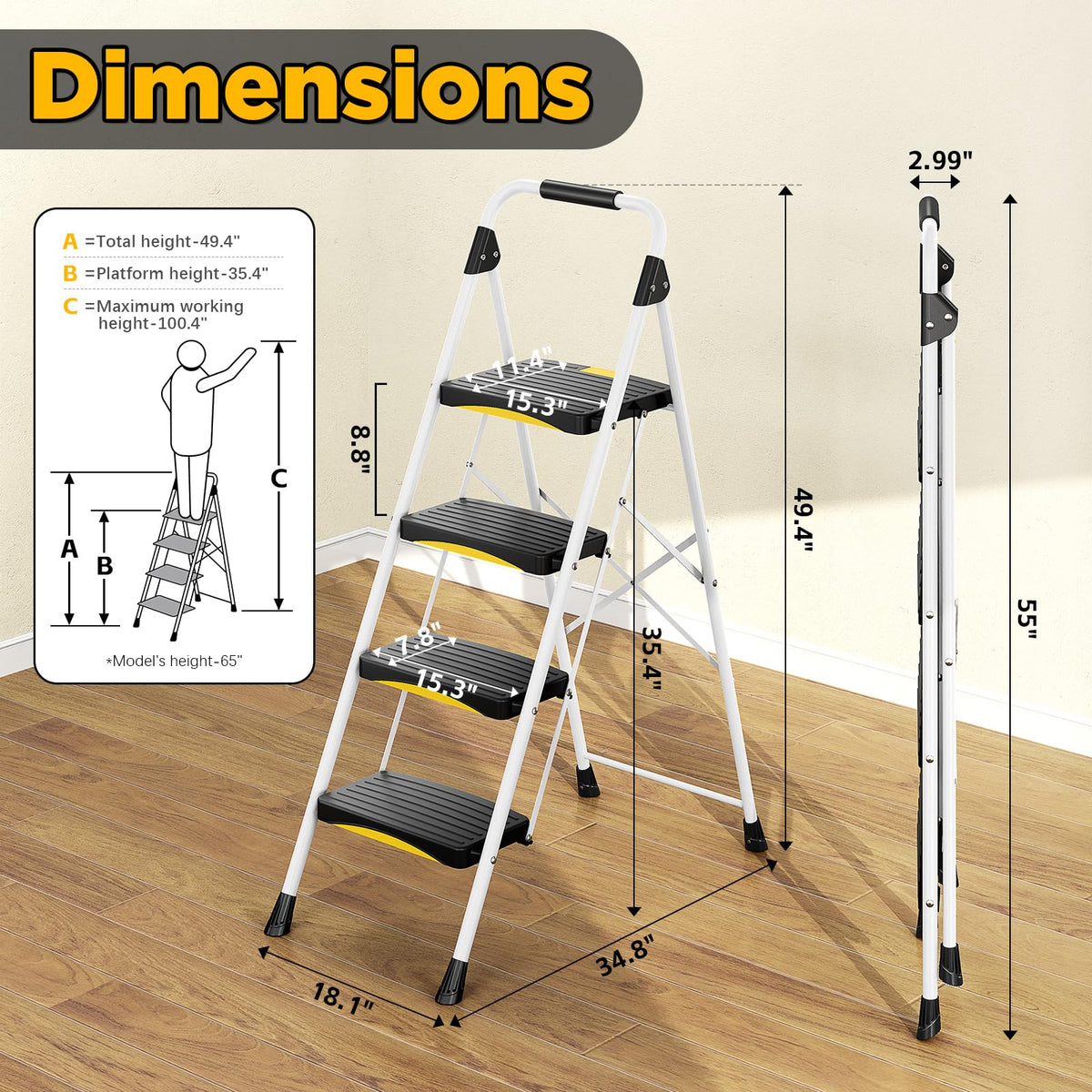 4 Step White Folding Step Stool R349