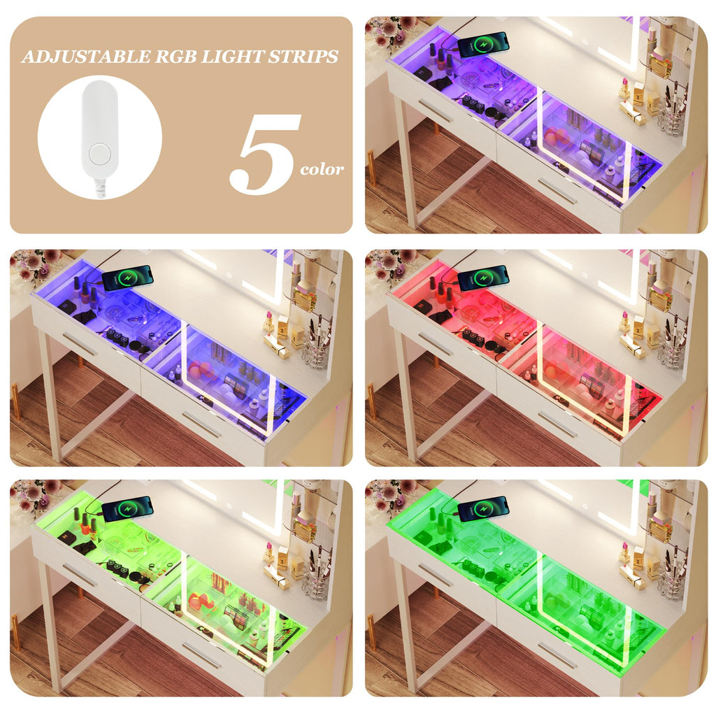 White Vanity Desk with Mirror and LED Lights S492919