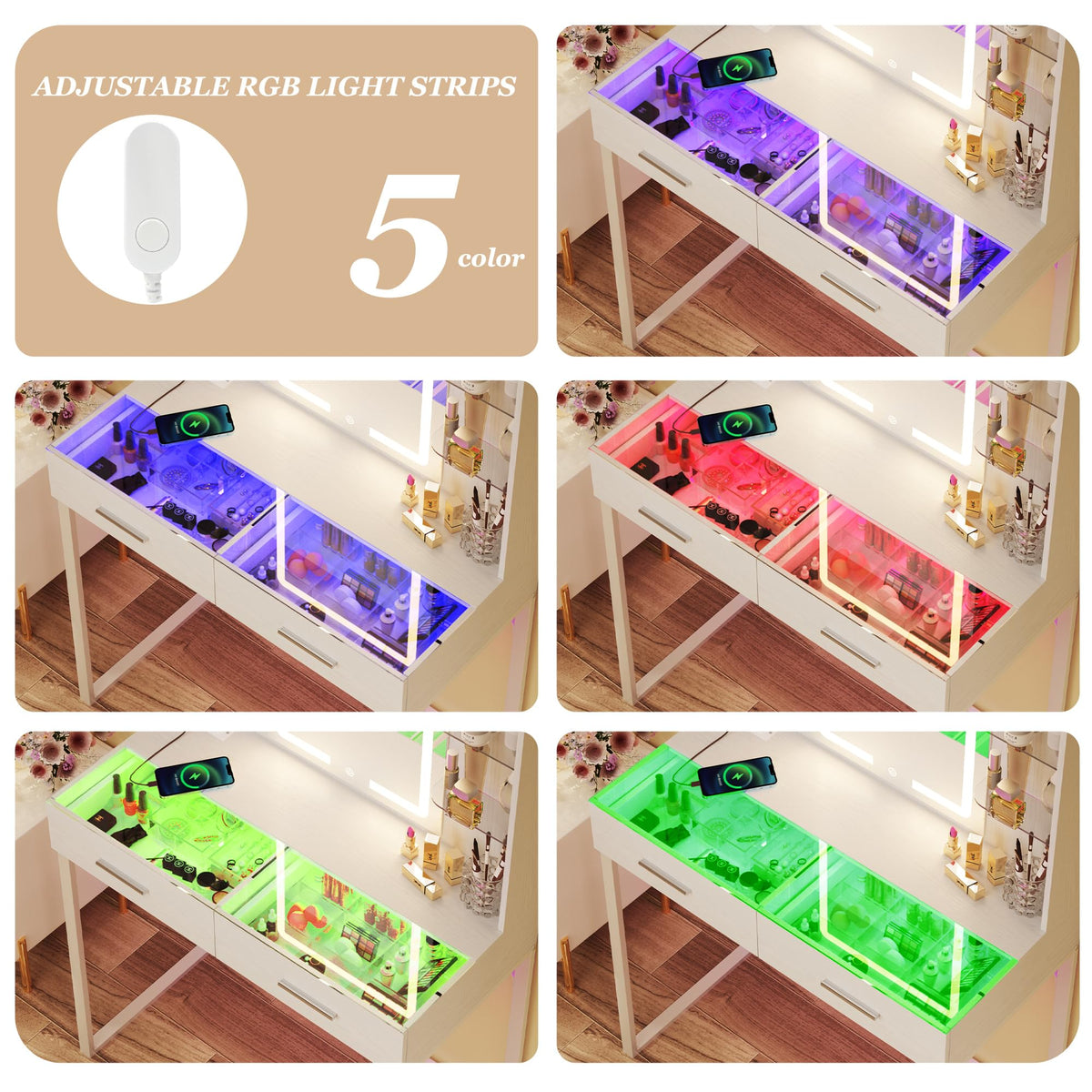 White Vanity Desk with Mirror and LED Lights S492919