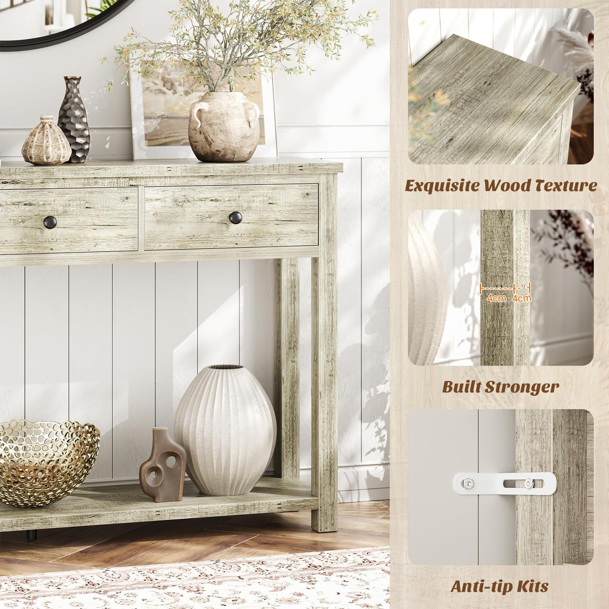 32 Inch Light Rustic Oak Console Table with 2 Drawers Q939