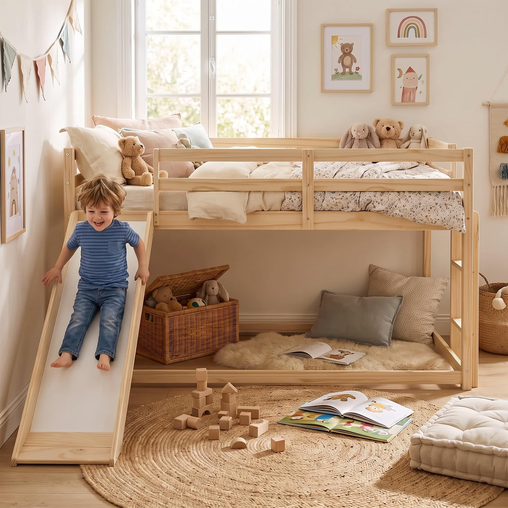 Twin Over Twin Solid Wood Bunk Bed with Slide and Ladder I79467