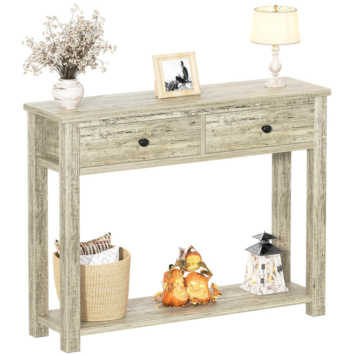 32 Inch Light Rustic Oak Console Table with 2 Drawers Q939