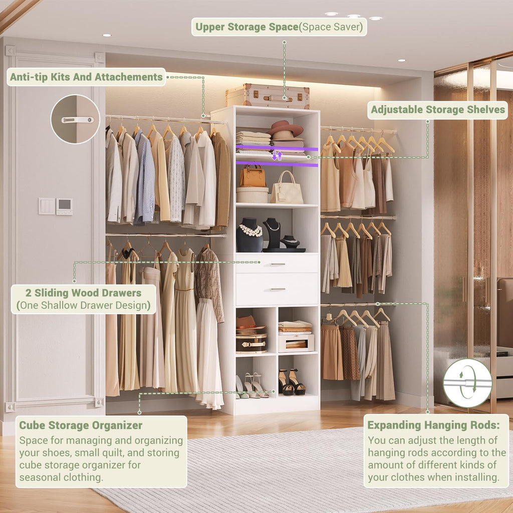 4-8 FT White Closet Organizer with 2 Drawers and 5 Hanging Rods C950486