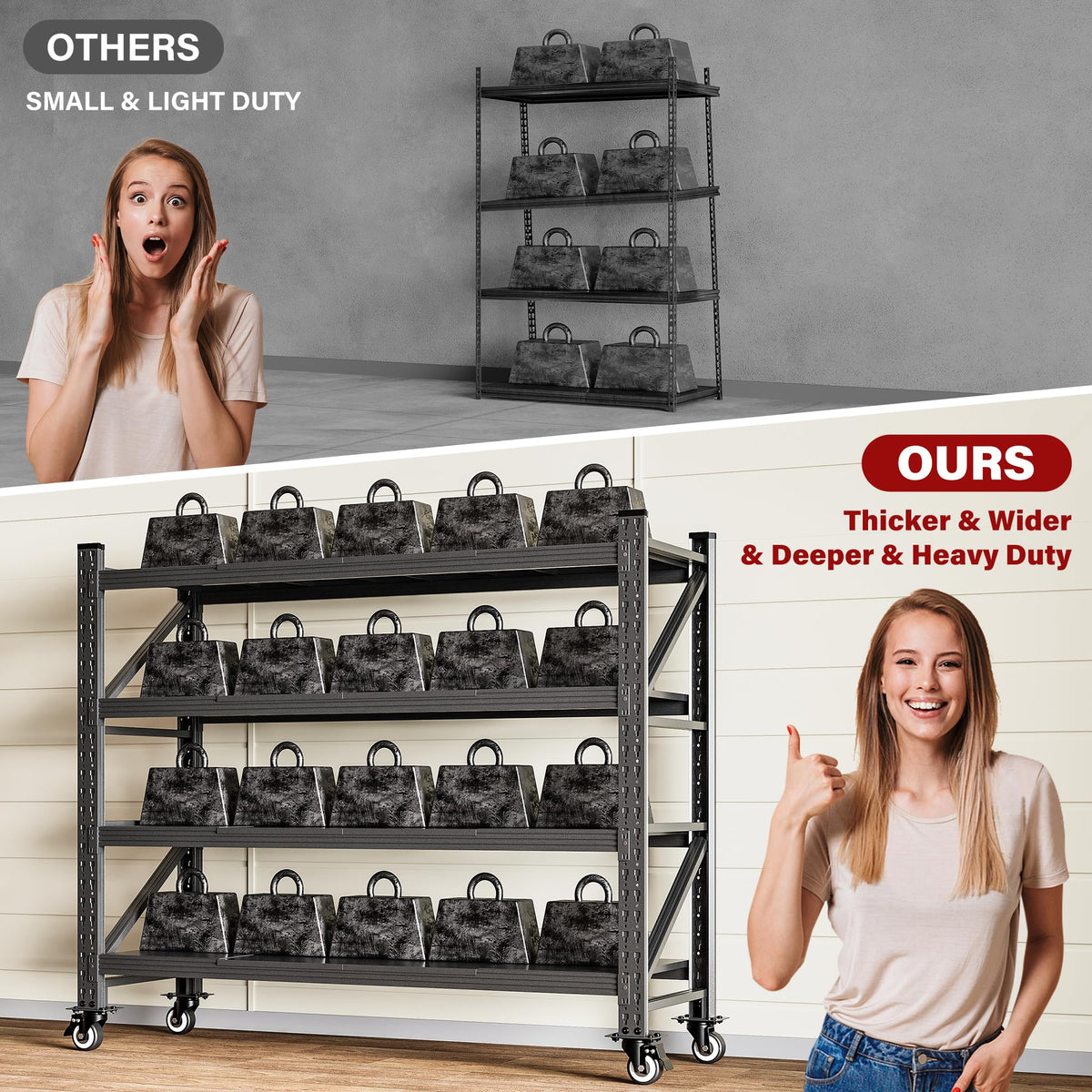 75.6" Tall Black Metal Storage Shelves with Wheels X7544
