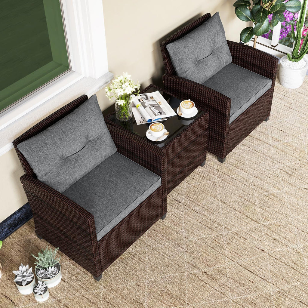 3 Pieces PE Rattan Wicker Outdoor Sofa Set with Cushion and Tempered Glass Tabletop U4938