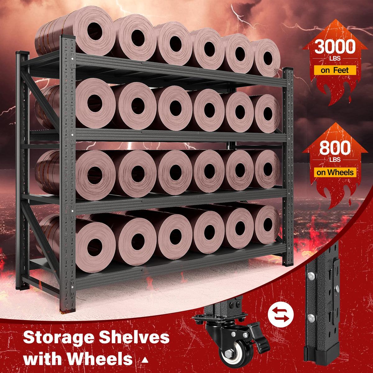 75.6" Tall Black Metal Storage Shelves with Wheels X7544