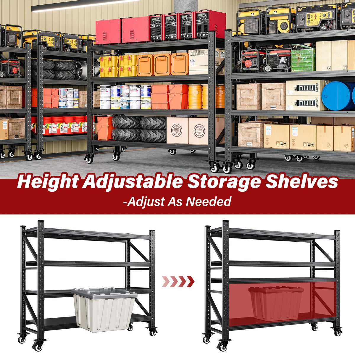 75.6" Tall Black Metal Storage Shelves with Wheels X7544